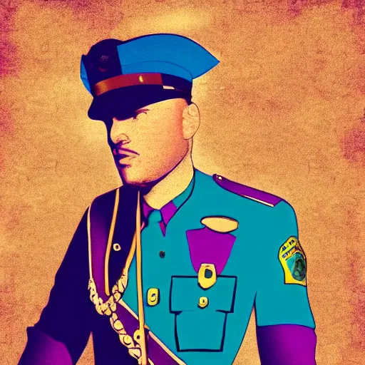 Prompt: A jewelpunk police officer, jewel tones, beautiful, analogous colors, moderate saturation