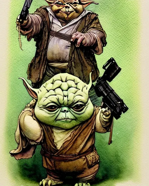 Image similar to a realistic and atmospheric watercolour fantasy character concept art portrait of a fat adorable dirty chibi yoda wearing a wife beater and holding a handgun, by rebecca guay, michael kaluta, charles vess and jean moebius giraud