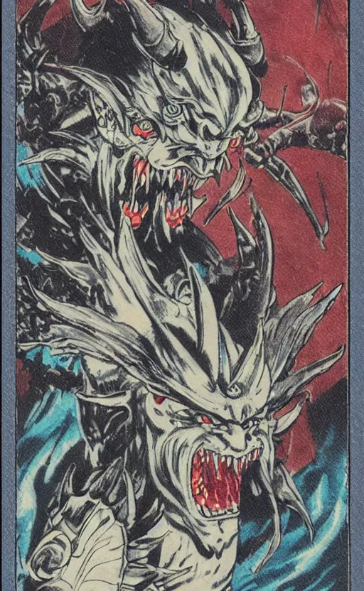 Image similar to by akio watanabe, manga art, japanese demon monster, oni horns, trading card front