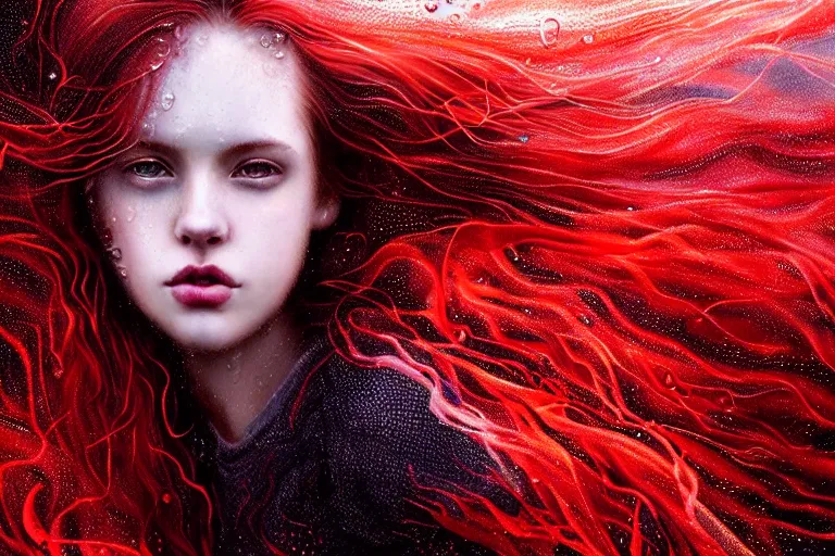 Image similar to highly detailed portrait of a beautiful girl running in rain with wet red hair and pale face, swirling smokey tendrils, bright scattered particles, fantasy, intricate, elegant, dramatic lighting, emotionally evoking symbolic metaphor, highly detailed, lifelike, photorealistic, digital painting, artstation, concept art, smooth, sharp focus, illustration, art by John Collier and Albert Aublet and Krenz Cushart and Artem Demura and Alphonse Mucha