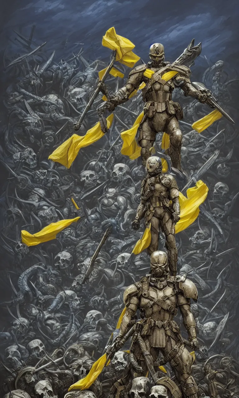 Image similar to a distant shot of a super soldier with blue and yellow flag and a trident symbol standing alone on a huge pile of skulls as a winner, masculine figure, D&D, fantasy, intricate, elegant, highly detailed, extremely detailed, digital painting, artstation, concept art, matte, smooth, sharp focus, illustration, art by Artgerm and Greg Rutkowski and Alphonse Mucha