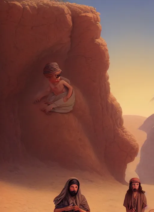 Prompt: highly detailed painting of two jews in the desert, detailed faces, unreal engine, greg rutkowski, ilya kuvshinov, ross draws, tom bagshaw, tom whalen, nicoletta ceccoli, mark ryden