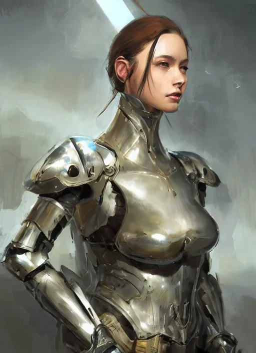 Image similar to a professional painting of a beautiful young female, clothed in military armor, olive skin, long dark hair, beautiful bone structure, symmetrical facial features, intricate, elegant, digital painting, concept art, smooth, sharp focus, illustration, from Metal Gear, by Ruan Jia and Mandy Jurgens and Artgerm and William-Adolphe Bouguerea