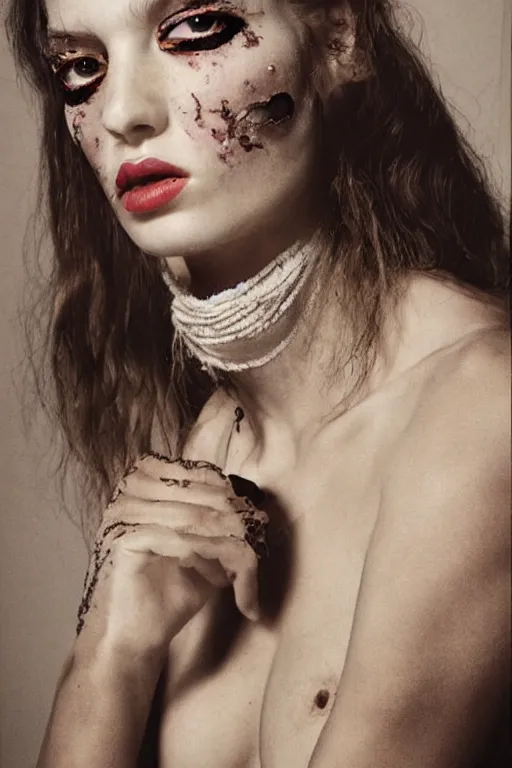 Image similar to margiela campaign featuring ark bumpy roose as a female cowgirl, long eyeslashes, big juicy lips, big seductive eyes