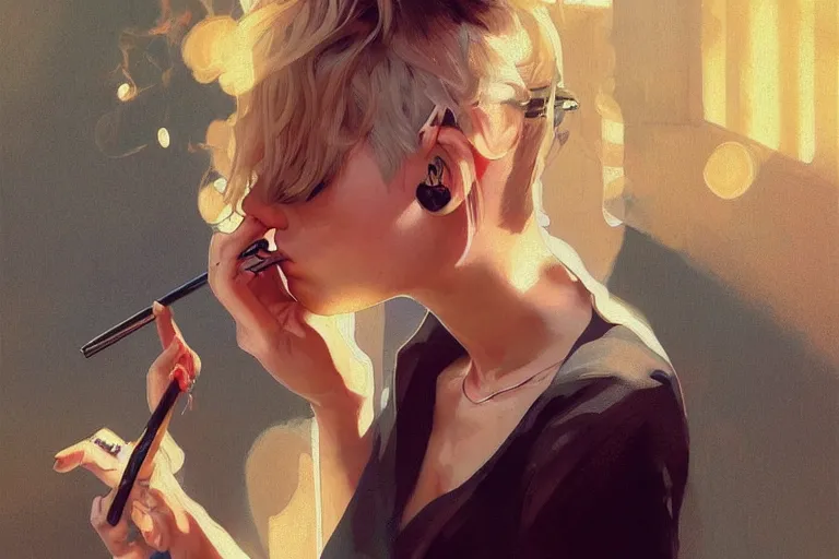 Image similar to Miley Cyrus smoking a joint, highly detailed, digital painting, artstation, concept art, smooth, sharp focus, illustration, art by Krenz Cushart and Artem Demura and alphonse mucha