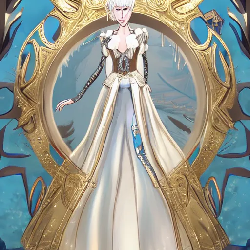 Image similar to commissioned full body portrait of a female anthro wolf princess fursona with white hair wearing a white and gold dress in a white and gold palace, by Wlop and jerry park, artstation, detailed