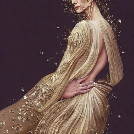 Image similar to Uma Thurman wearing epic haute couture by Alexander McQueen, extremely beautiful and proportionate face, in the aesthetic of mert and marcus, masterpiece, intricate, elegant wardrobe, highly detailed, digital painting, artstation, concept art, smooth, sharp focus, illustration, art by artgerm and james jean and greg rutkowski and alphonse mucha