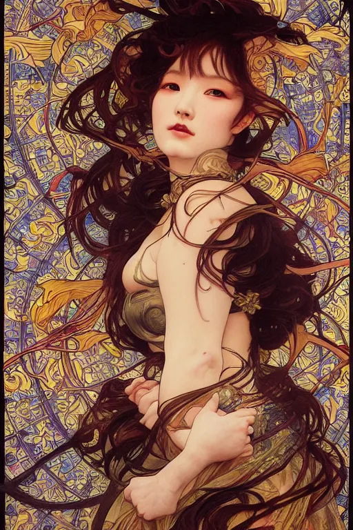 Prompt: realistic detailed painting of Nakamura Aya surrounded by a blazing whirlwind of flame, painted by Alphonse Mucha, Ayami Kojima, Amano, Charlie Bowater, Karol Bak, Greg Hildebrandt, Jean Delville, and Mark Brooks, Art Nouveau, Neo-Gothic, intricate complexity, gothic, rich deep colors