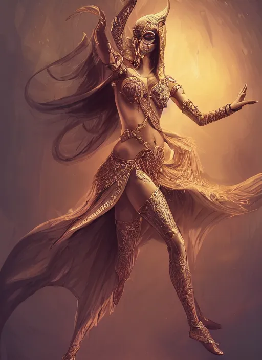 Prompt: a highly detailed illustration of a masked elegant elf arabian dancer, gracefully belly dancing pose, waving arms, intricate, elegant, highly detailed, centered, digital painting, artstation, concept art, smooth, sharp focus, league of legends concept art, WLOP