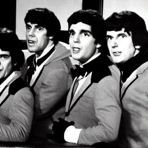 Prompt: fab four teenage mutant ninja turtles on the ed sullivan show black and white tv