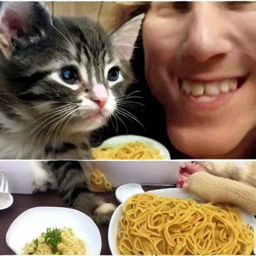 Prompt: a real life kitten and puppy eating pasta like in lady and the tramp 4k top post on reddit