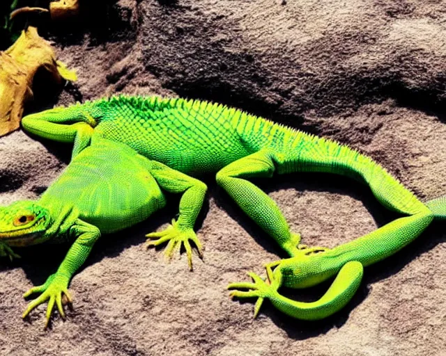 Image similar to humanoid lizard sunbathing, relaxed reptile basking in the sun, reptilian humanoid with a slight smile of contentment.