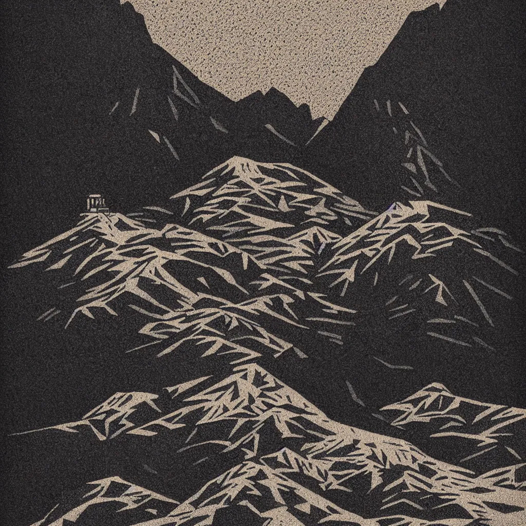 Image similar to backpacking mountain ridge, mads berg, karolis strautniekas, film noir, stippled light, dramatic lighting, editorial illustration, detailed, fine texture, matte print, art deco, brutalism, dark blue + dark orange, red, black, ( ( habitat 6 7 background ) )