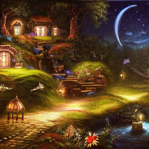 Prompt: realist painting, high detail, woodland village, in the night, fantasy, crescent moon, stone paths, bridge, water stream, luminous, toadstools, fireflies, fantasy,, flowers, waterfall, lanterns, mist, highly detailed painting, fine lines, 8 k realistic, sharp focus