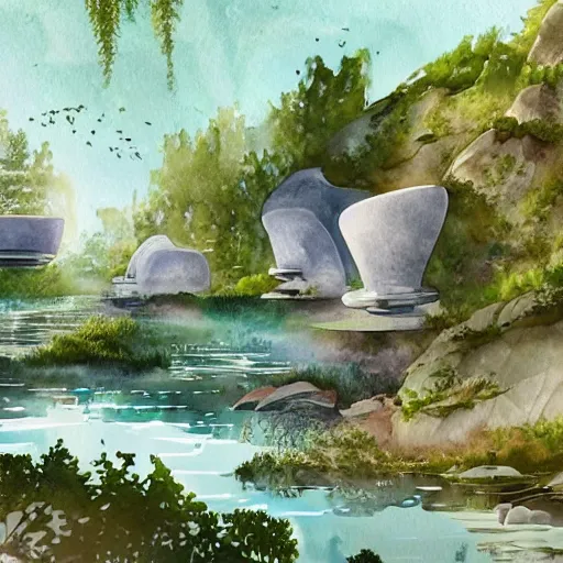 Image similar to beautiful happy picturesque charming sci - fi organic pod - like homes of the future in a beautiful natural scene. water, trees and rocks. beautiful light. soft colour scheme. beautiful artistic detailed watercolor by lurid. ( 2 0 2 2 )