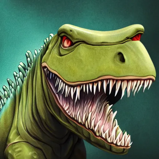 Prompt: a detailed digital art painting of a trex dinosaur smiling teeth way too many eyes large detailed eye