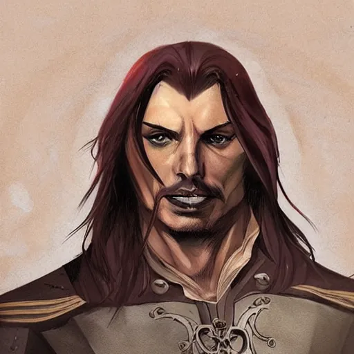 Image similar to a portrait of Vlad III as drawn by Stjepan Sejic, warm tones humor