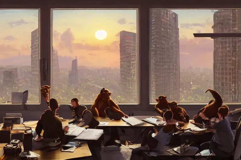 Image similar to monkey employees setting on glorious meeting room, papers and bananas scattered on the table, sunset, buildings and skyline showing from windows, fine art, artstation, matte painting, masterpiece by vasnetsov