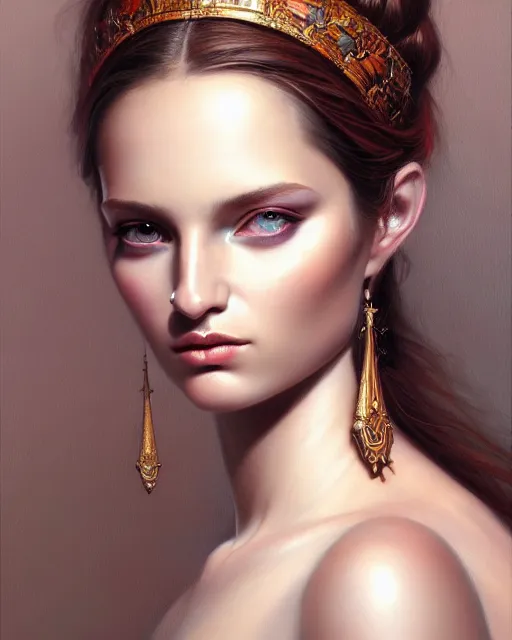 Prompt: portrait of beautiful goddess, enigmatic beauty, esoteric, muted colors, head in focus, fantasy art, ornamental aesthetics, intricate, elegant, highly detailed hyperrealistic painting, artstation, concept art, painterly, sharp focus, illustration, art by lois royoi