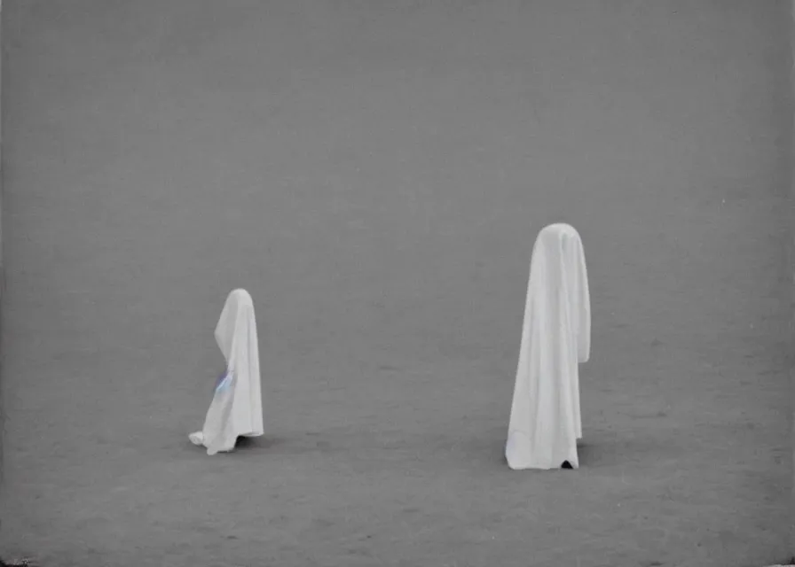 Image similar to white sheet ghost standing in an empty field, by jean charlot