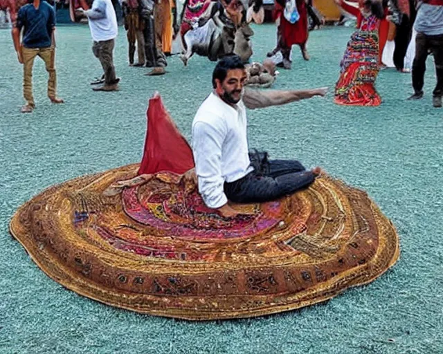 Image similar to a brown man floating on a magical carpet ride. there are 10,100 adoring wives awaiting his landing.