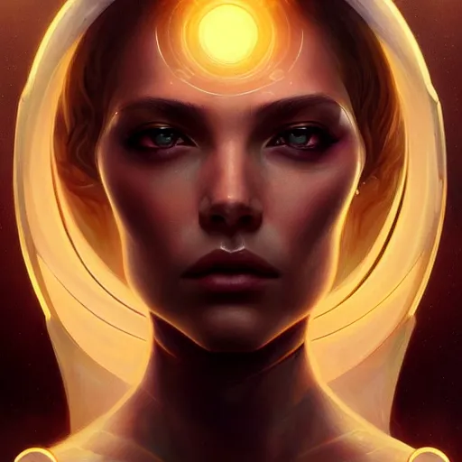 Image similar to futuristic woman portrait, sci-fi, amber eyes, face, long hair, fantasy, intricate, elegant, highly detailed, digital painting, artstation, concept art, smooth, sharp focus, illustration, art by artgerm and greg rutkowski and alphonse mucha