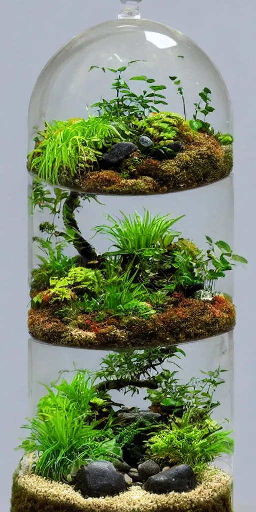 Prompt: a closed solid glass terrarium containing a miniature jungle with exotic plant life, tiny rocks, bonsai trees, natural mini gardens, acrylic painting by nick garbutt, artstation, concept art, award winning,