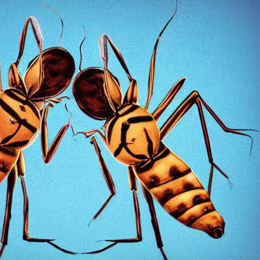 Image similar to realistic photograph of two mosquitos playing two guitars, on a stadium stage, in front of a large audience