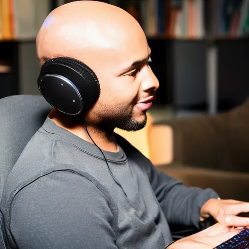 Image similar to a bald black man playing on pc with headphones