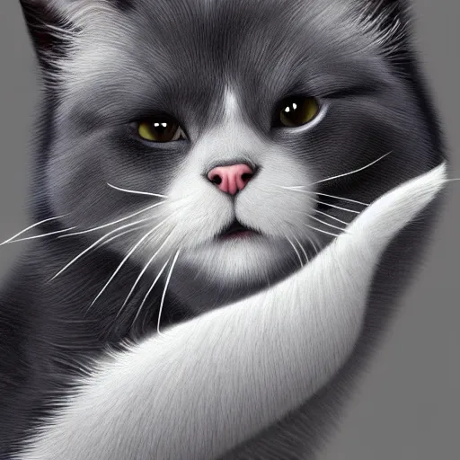 Image similar to beautiful dark grey cat with white belly, white paws and white face markings with long fur and fluffy tail sitting, intricate, elegant, highly detailed, digital painting, artstation, concept art, matte,