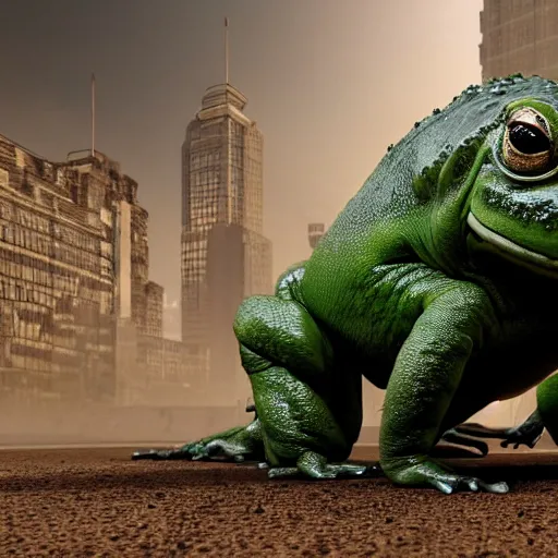 Image similar to Alex Jones bent over on all fours in the foreground. A big green toad stands behind him with an intense look on its face. hyper realistic, dynamic pose, high detail, octane render, unreal engine, 8k, fantasy art, highly detailed, dramatic lighting, concept art