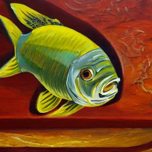 Image similar to a detailed oil painting of a fish above a chocolate bar