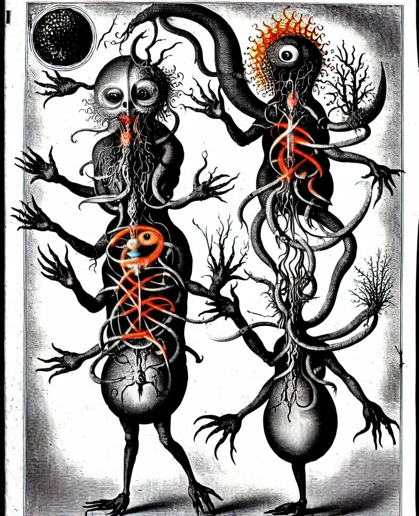 Image similar to whimsical freaky creature sings a unique canto about'as above so below'being ignited by the spirit of haeckel and robert fludd, breakthrough is iminent, glory be to the magic within