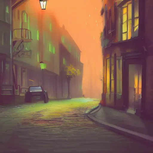 Image similar to a cute orange tabby cat with green on an old street, it is night and raining, street lamps are illuminating the street, moody lighting, peaceful atmosphere, digital art, highly detailed, high contrast, beautiful lighting, award winning, trending on art station, 8 k,