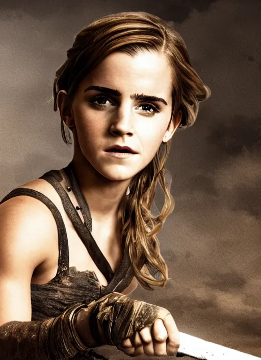 Image similar to hyper realistic photo of warrior princess emma watson, full body, rule of thirds, cinematic,