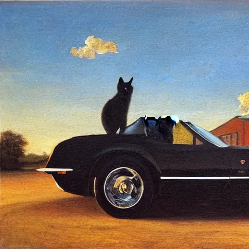 Image similar to corvette with cats sitting in and on the car, old dutch painting, golden hour, shadows, wide shot