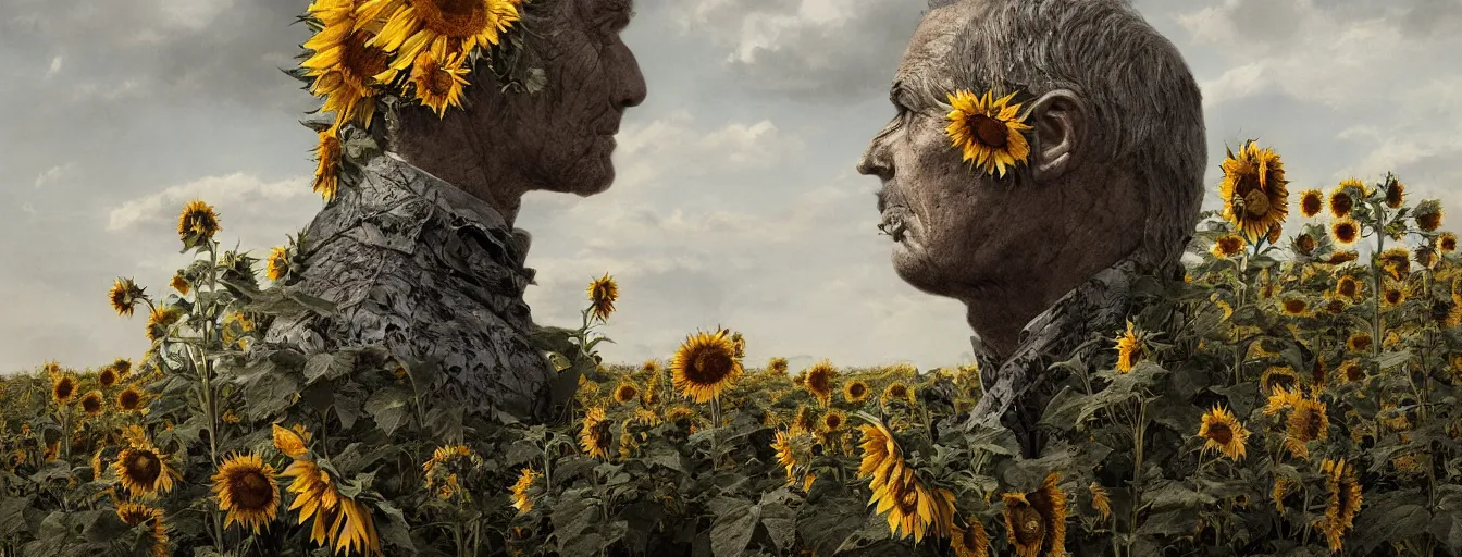 Image similar to old soldiers head being overgrown by sunflowers on Krim, Moscow in background, dark, eerie, despair, portrait photography, artstation, digital art, adward winning, concept art, artstation, highly detailed, sharp focus, by caravaggio
