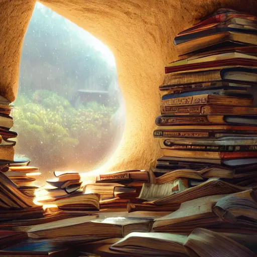 Prompt: books cave, a lot of books, many books everywhere, atmospheric, dof, wide angle, very coherent composition, masterpiece, incredible details, highly detailed, photorealistic, disney pixar, warm colours, atmospheric, cozy place, smooth, hole as a window, octane render, iridescent, 8 k