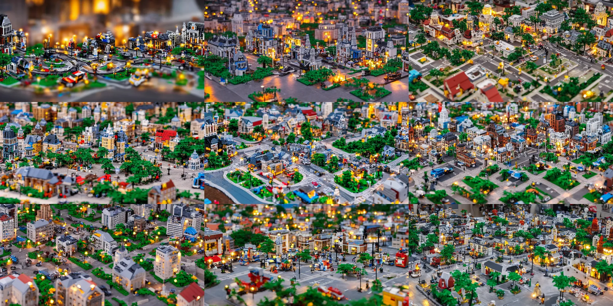 Prompt: miniature lego town, highly detailed, photo realistic, depth of field, dusk