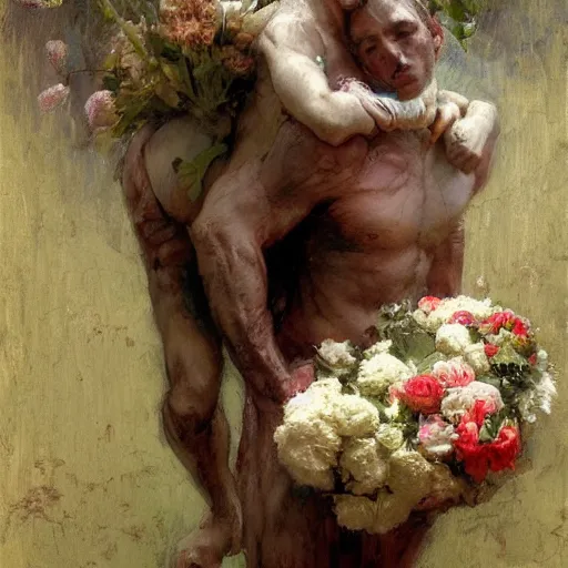 Image similar to A shy goat human hybrid with the horns, ears, and legs of a goat and the face and body of a human holding a bundle of flowers. By Craig Mullins. By Ilya Repin. By Ruan Jia.