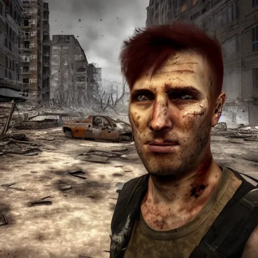 Image similar to pretty face, wide angle lens, photorealistic, 4k, background of destroyed city post apocalyptic, steakpunk, soft lighting, portrait