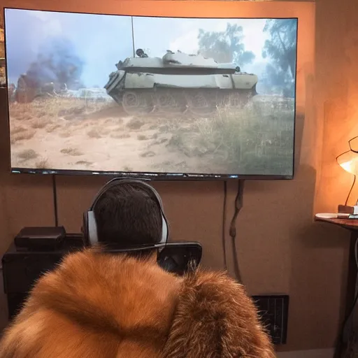 Image similar to view from behind from bed of a cute fluffy caracal wearing headset watching big tv displaying world of tanks, intricate detail, cinematic composition