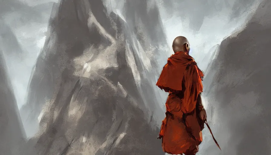 Image similar to concept art of a monk in a mountain by jama jurabaev, trending on artstation, high quality, brush stroke, for aaa game