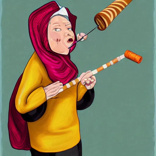 Image similar to a babushka hits a gong with a drumstick that looks like a cigarette, digital art