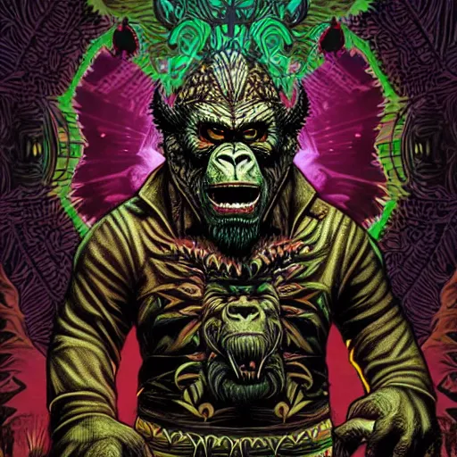 Image similar to barong family member, wiwek, mara demon, one single tribe member, jungle, one single mask, dark, ancient warrior, gorilla, lizard, tribal, inner glow, art by derek riggs and dan mumford and justin gerard