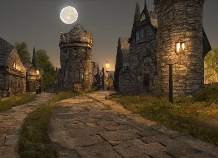 Image similar to medieval vampire village, moon light, gas lighting, stone roads, digital art, unreal engine