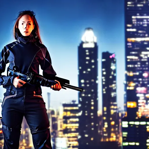 Image similar to photographic portrait of a techwear woman holding a shotgun, closeup, on the rooftop of a futuristic city at night, sigma 85mm f/1.4, 4k, depth of field, high resolution, 4k, 8k, hd, full color, Die Hard, movies with guns, movie firearms