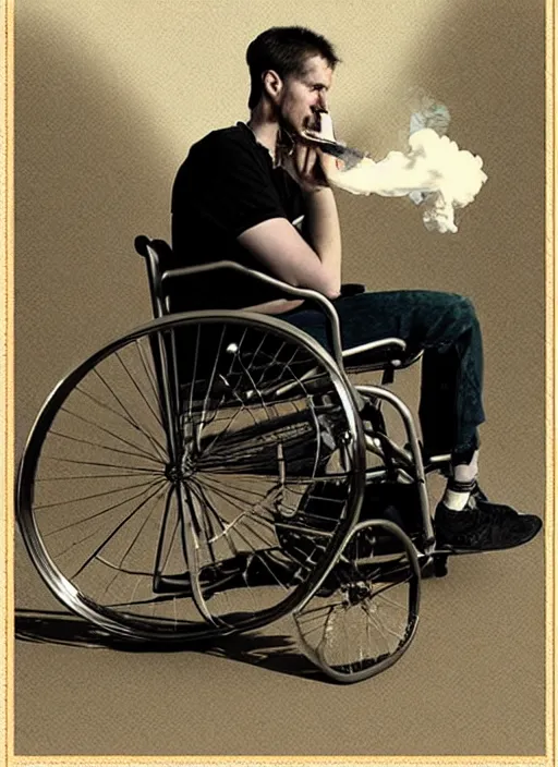 Image similar to timothy chamelet smoking a joint sitting in a wheel chair, photo, realistic