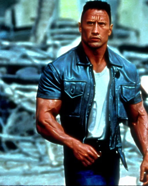 Prompt: Film still close-up shot of Dwayne Johnson in the movie Terminator 2. Photographic, photography