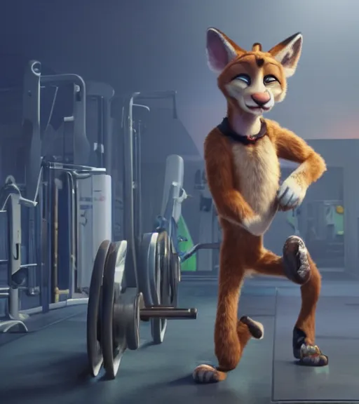 Image similar to a film still from the movie zootopia main character portrait anthro anthropomorphic mountain lion head animal person fursona wearing gym shorts at the gym pixar disney dreamworks animation sharp rendered in unreal engine 5 octane key art by greg rutkowski bloom dramatic lighting modeling expert masterpiece render